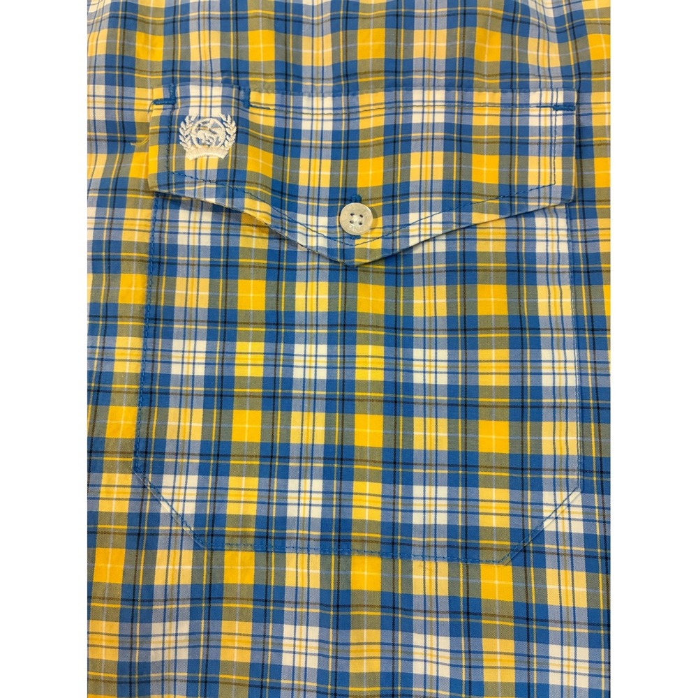 Cinch Mens Medium Button Down Shirt Cotton Blue Yellow Plaid Long Sleeve Pocket - Picture 4 of 8